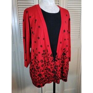 CD Daniels Wmns Sz 3X Red w/Black Floral Print, 1 pc Sweater Grannycore Preppy